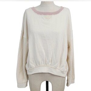 NEW Saturday Sunday Anthropologie Ivory Pink Trim Sweatshirt XS Coastal Minimal
